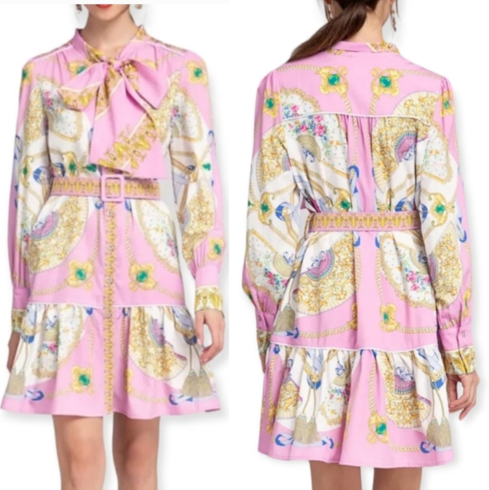 Dalia McPhee Baroque lavender gold belt dress with bow